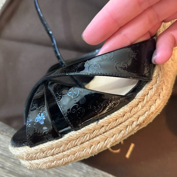 Gucci Monogram Vernice Microguccissima Espadrille Wedges Size 39.5 - Picture 5 of 13